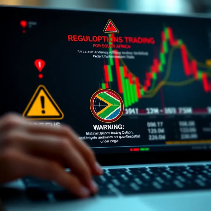 Illustration of key factors for South African traders including regulatory symbols, risk warnings, and investment considerations