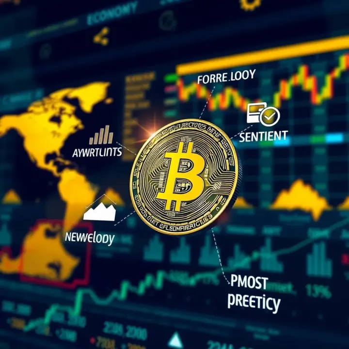 Illustration showing factors influencing Bitcoin value including global economy and market sentiment
