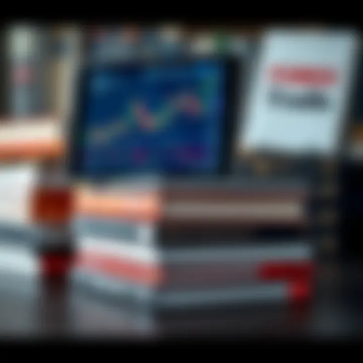 Collection of forex trading books stacked with digital tablet displaying trading graphs