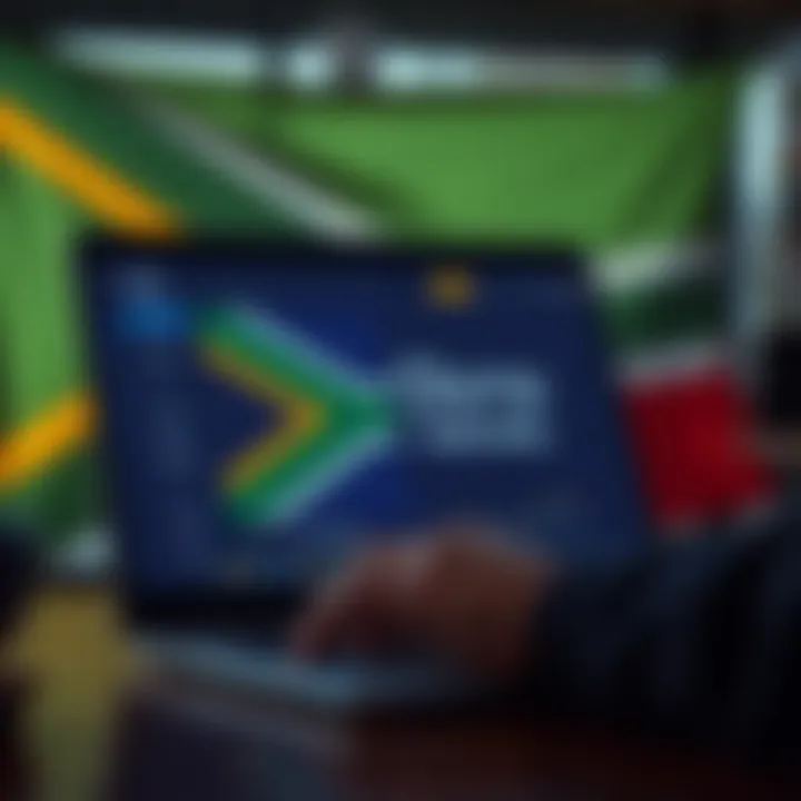 User logging into Olymp Trade platform on a laptop with South African flag in background