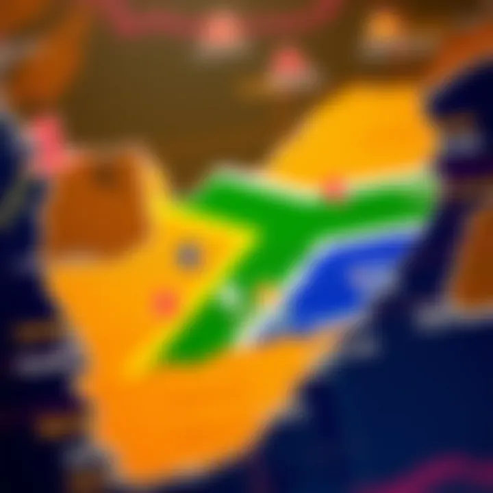 Map highlighting South Africa with forex currency symbols and secure payment methods