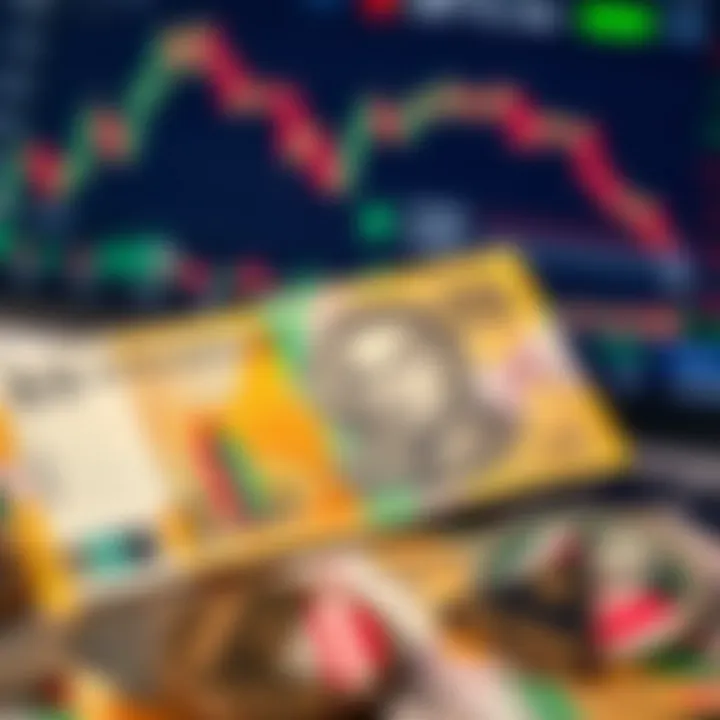 South African Rand banknotes with online trading charts and currency exchange symbols