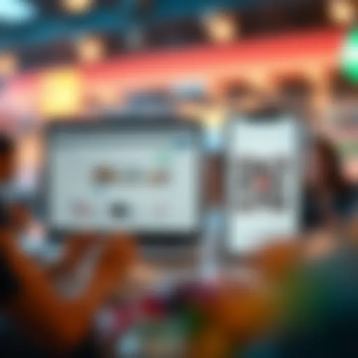 Graphic showing various digital platforms including a website, mobile app, and QR code for voucher use