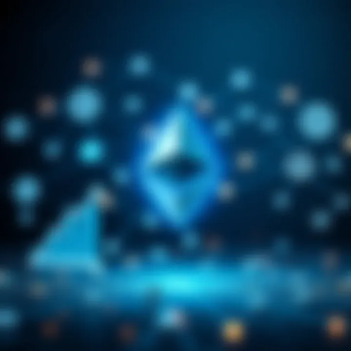 Visualization of Ethereum blockchain network alongside economic growth symbols and technology icons