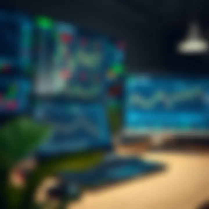 A modern office desk showing multiple financial charts and a laptop used for trading analysis