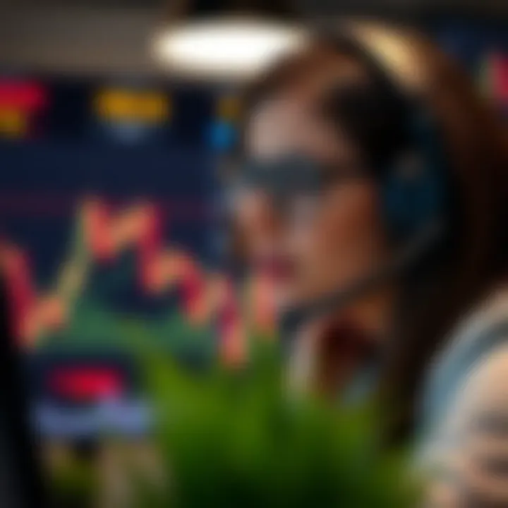 Customer support representative assisting a client through headset with financial graphs in the background