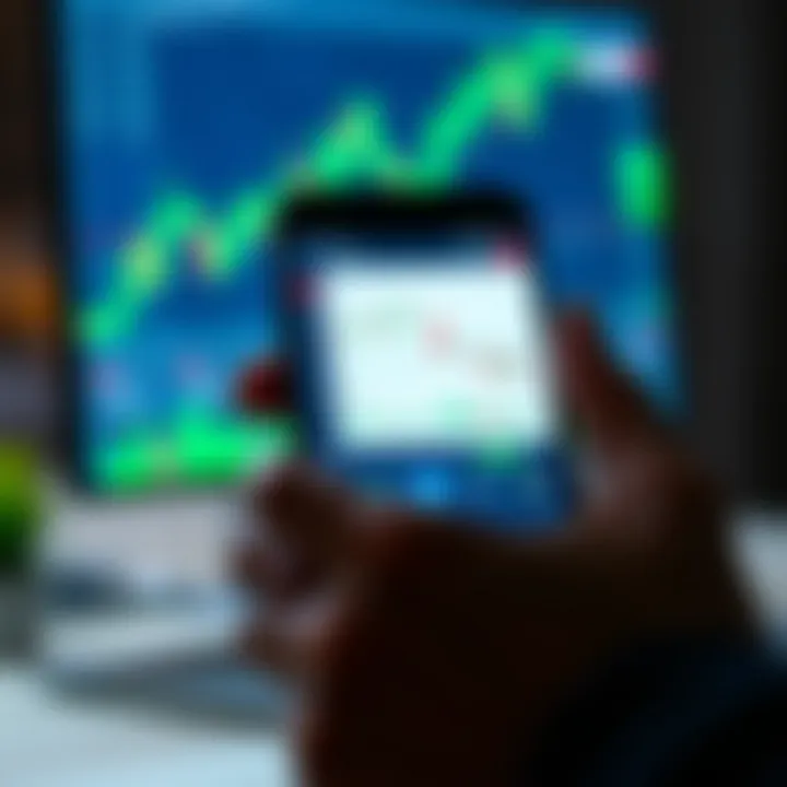 Mobile device displaying forex trading app with currency charts and analysis