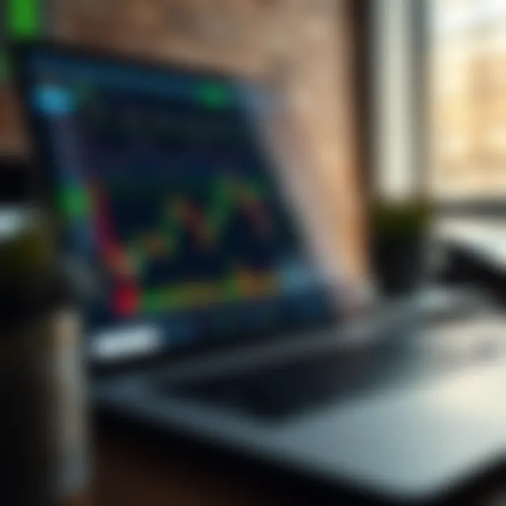 Laptop screen displaying forex trading platform with charts and tools
