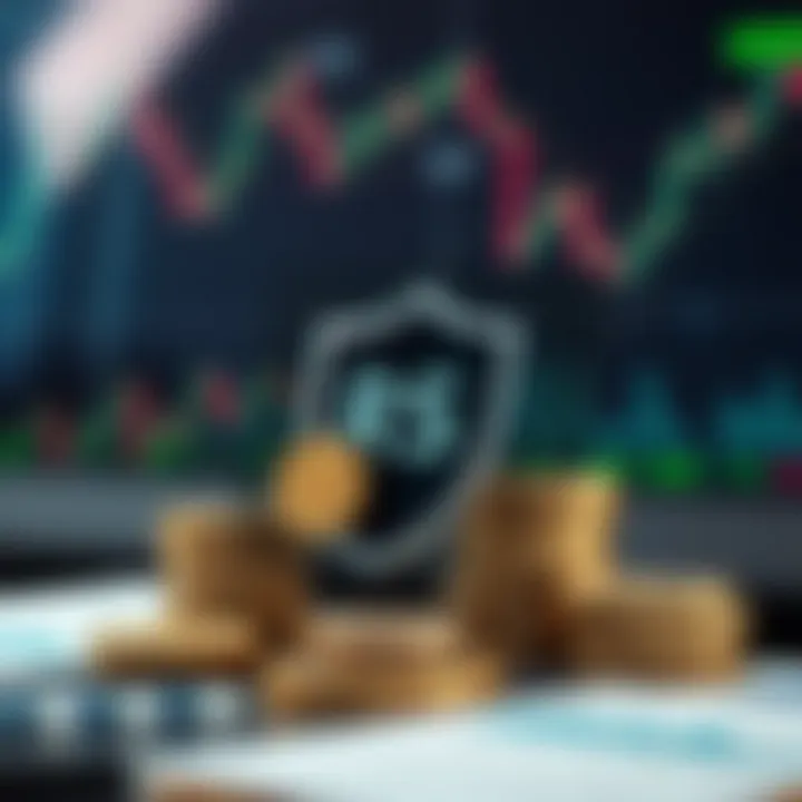 Illustration of risk management strategies in forex trading with currency symbols and protective shield