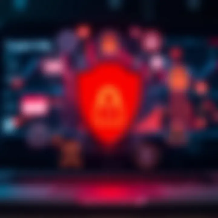Shield icon protecting a digital wallet surrounded by icons representing secure online transactions and alerts