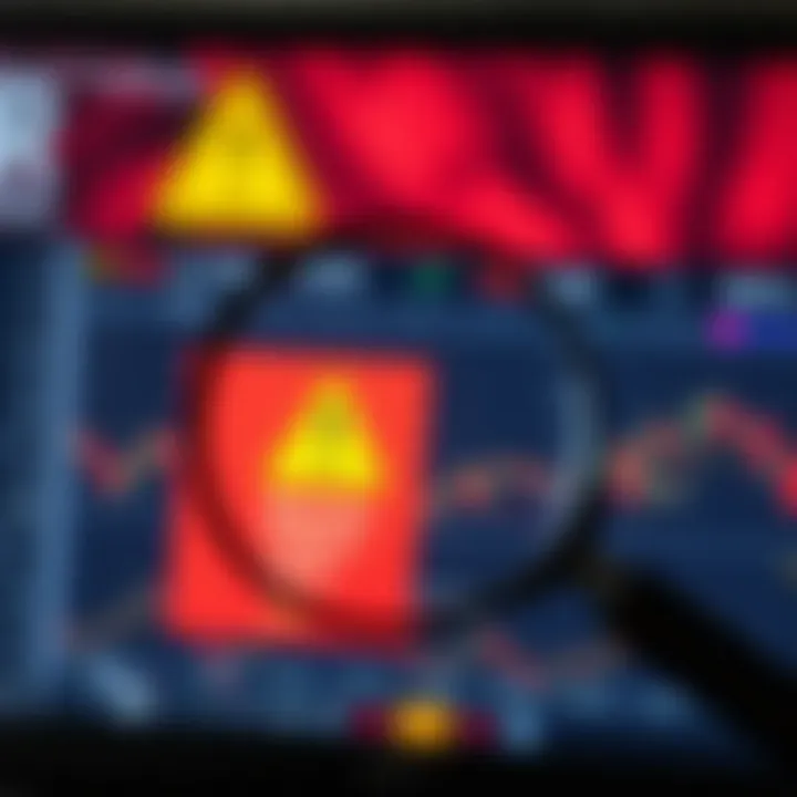 Magnifying glass examining a computer screen displaying a suspicious trading website with warning symbols