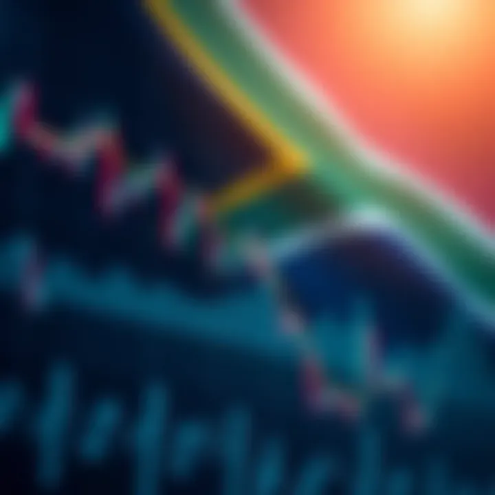 Graph showing fluctuating forex market rates with South African flag in background