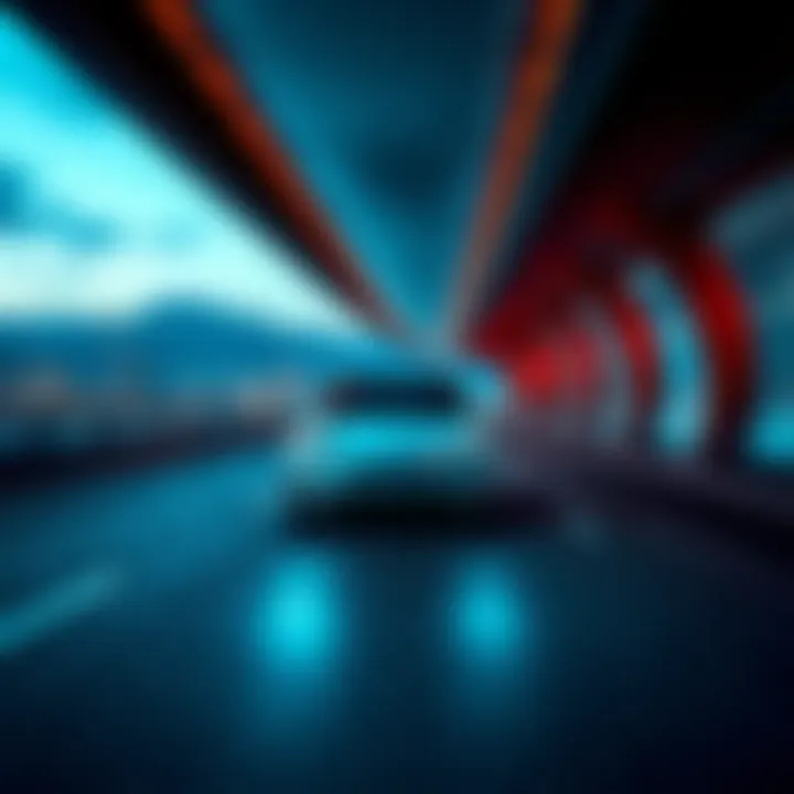 Tesla electric vehicle on a futuristic highway showcasing innovative automotive technology