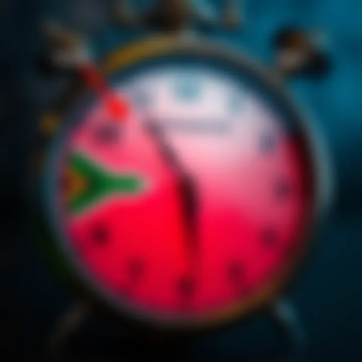 Clock showing London and South Africa time zones with arrows indicating time difference