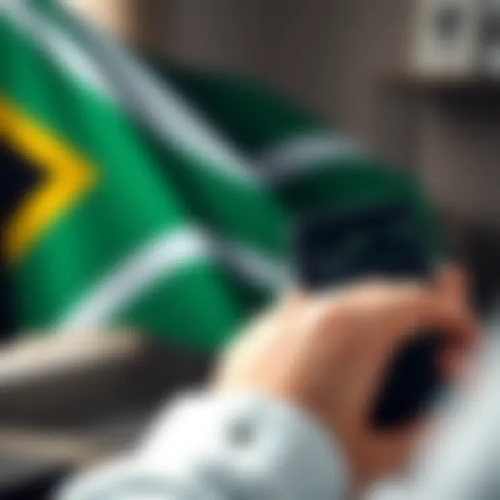 User logging into Pocket Options platform on a smartphone with South African flag in the background