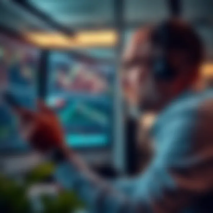 Trader analyzing chart data on multiple screens with focus on key performance metrics