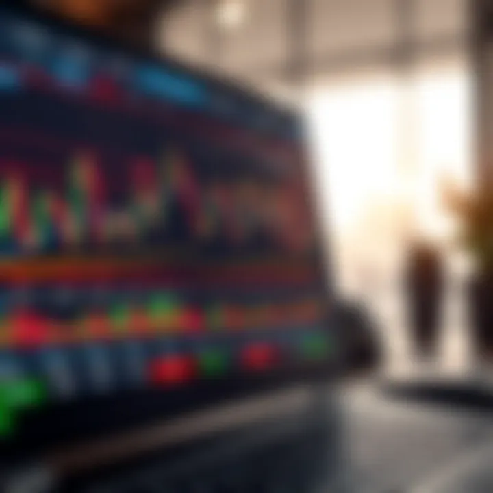 Trading platform interface with candlestick charts and trading options displayed