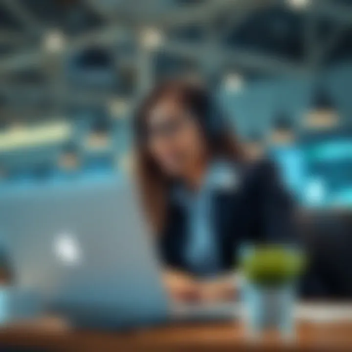 Customer service representative assisting a trader via laptop and headset