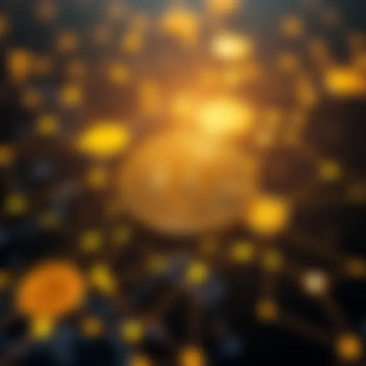 Digital visualization of cryptocurrency symbols and blockchain network connections