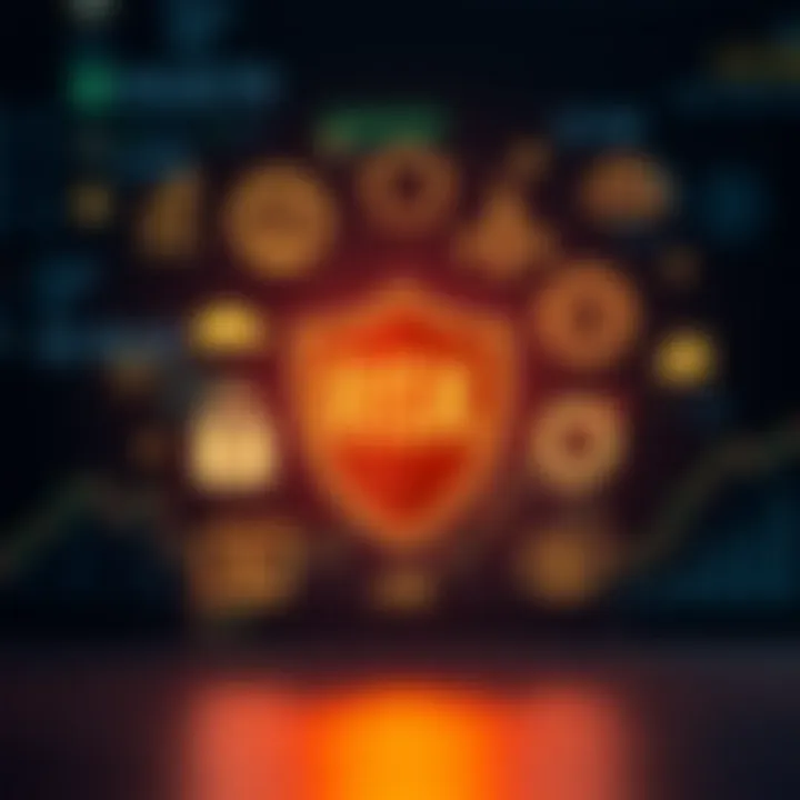 Conceptual illustration of risk management with shield and financial icons representing protection strategies