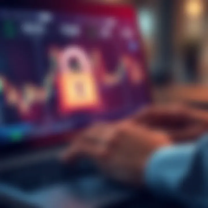 Secure online transaction with digital security features overlaid on a financial interface