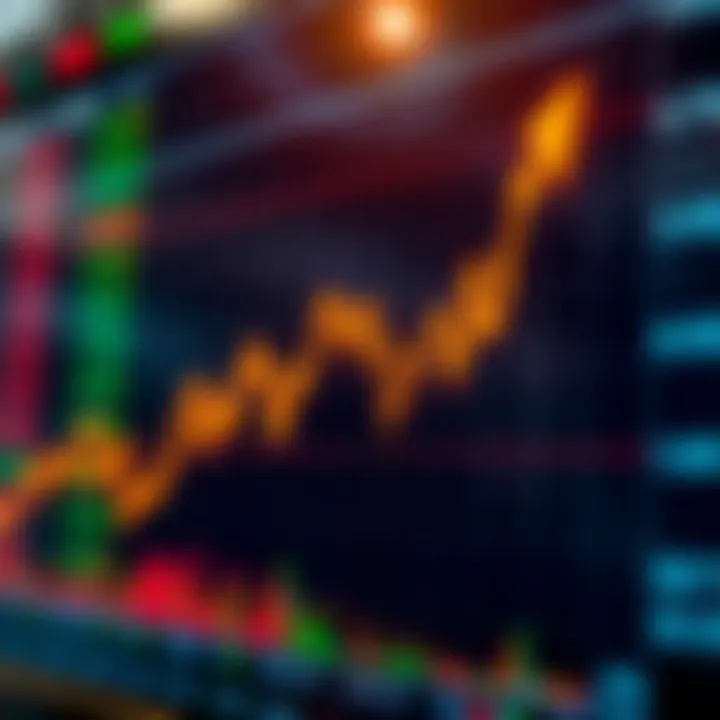 Graph showing fluctuating stock prices with upward trend and digital data overlay