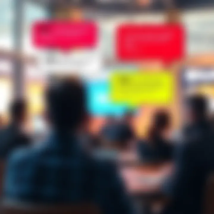 Visual representation of user feedback with speech bubbles containing positive and negative comments about Surveylama platform