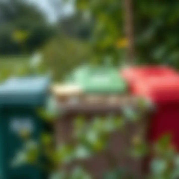 Visual representation of sustainable waste management with bins labeled for reuse, recycling, composting and recovery in a green environment