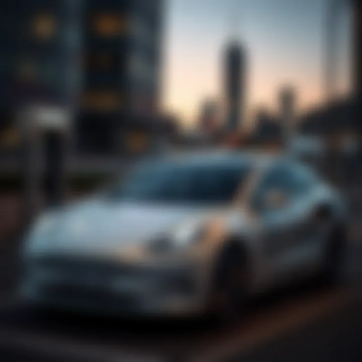 Tesla electric vehicle charging at a sleek urban station with city skyline at dusk