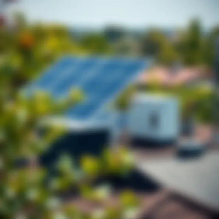 Tesla solar panels and power storage units installed on a residential roof surrounded by greenery