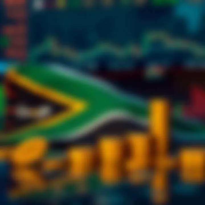South African flag with financial symbols and digital stock market elements