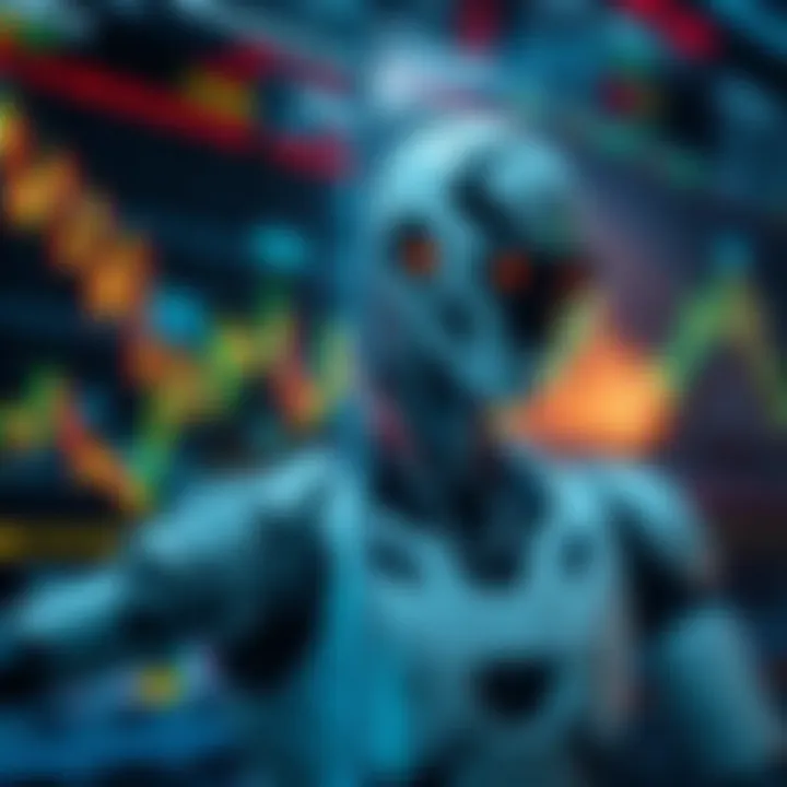 Graphical representation of algorithmic trading with digital charts and financial data overlays