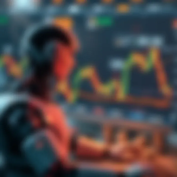 Conceptual illustration of trading robot analyzing forex market trends with charts and currency icons