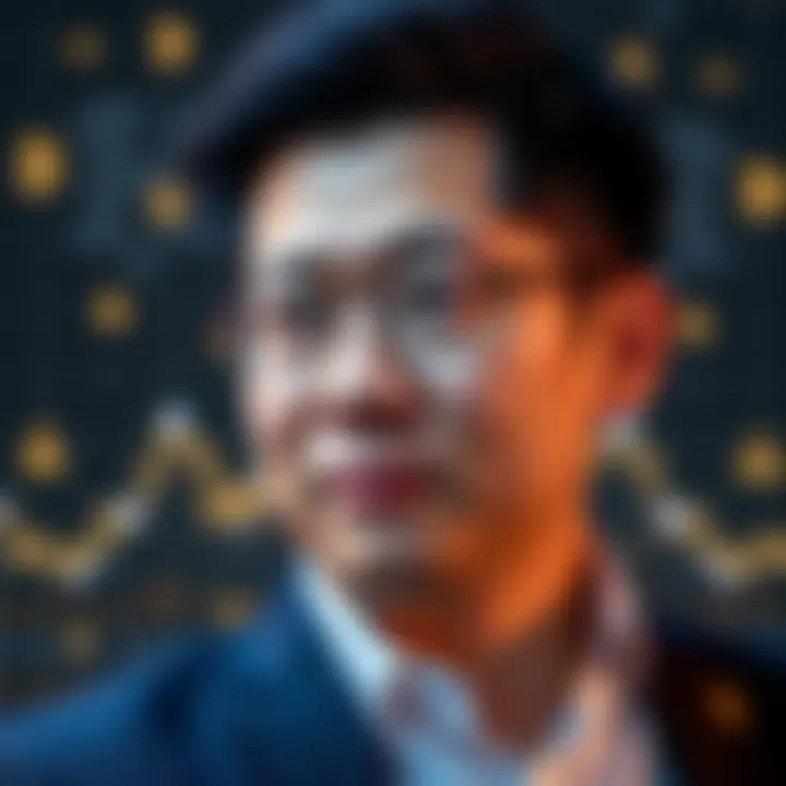 Portrait of Samson Mow with blockchain graphics in the background symbolizing his influence in the cryptocurrency sector