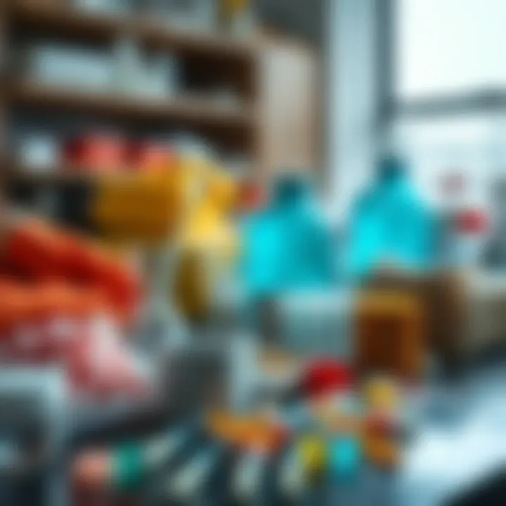 Various synthetic materials including fibers, plastics, and resins displayed on a laboratory table