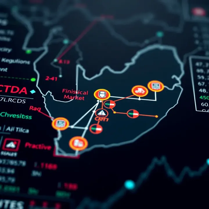 Map of South Africa highlighting financial market connections and regulatory compliance icons