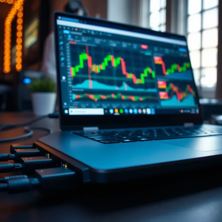 Laptop with multiple connectivity ports and forex trading software open on screen