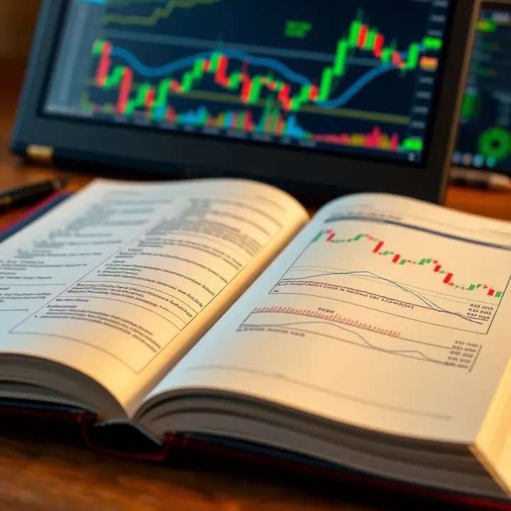 Open book with forex trading charts and financial diagrams on visible pages