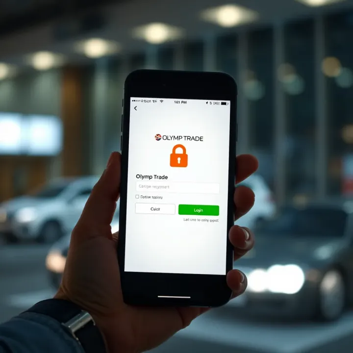 Mobile phone displaying Olymp Trade app login screen with security icons
