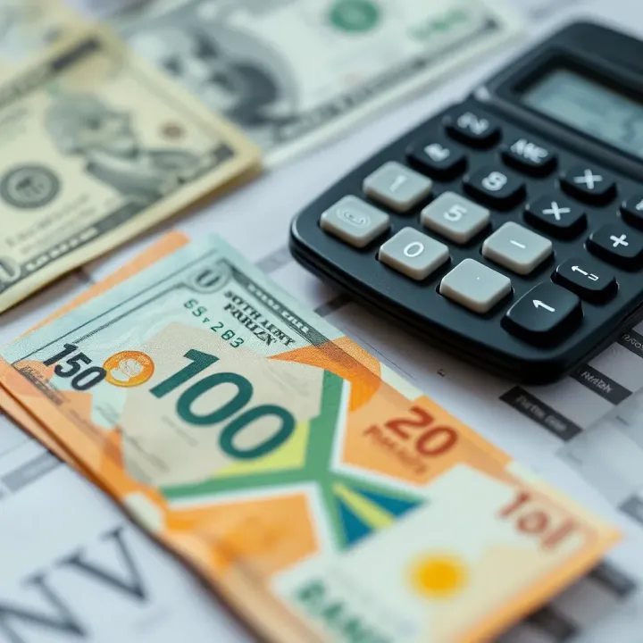 South African Rand notes and US dollar bills placed alongside a calculator and financial documents
