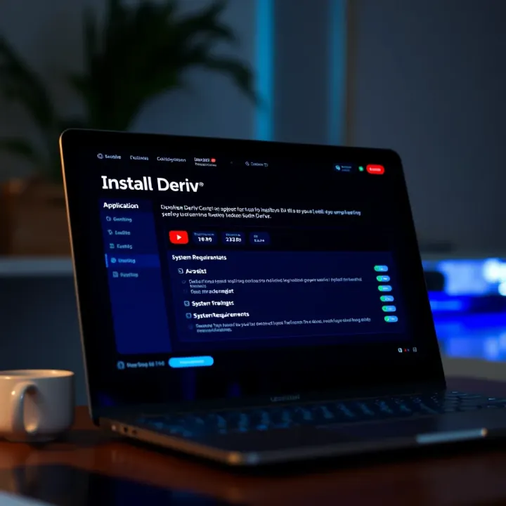 Laptop screen showing Deriv application installation progress with system requirements checklist