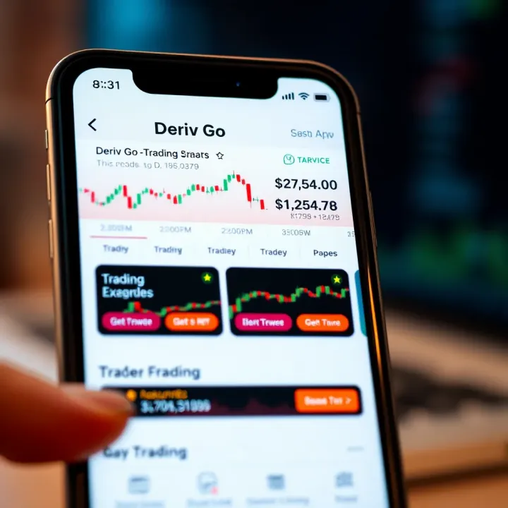 Mobile phone displaying Deriv Go trading app interface with financial charts and trading options