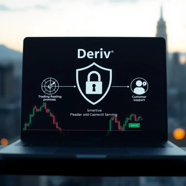 Graphic illustrating Deriv's security features and customer support icons
