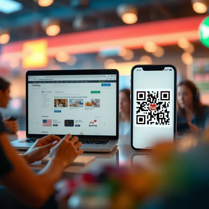 Graphic showing various digital platforms including a website, mobile app, and QR code for voucher use