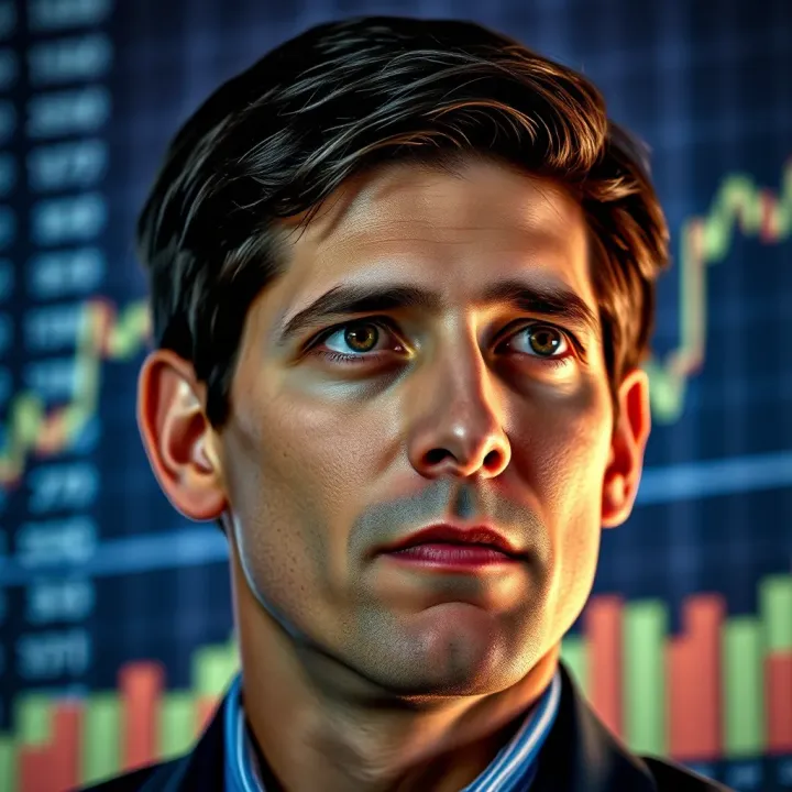 Portrait of Eduardo Saverin with a backdrop of digital financial data representing investment growth