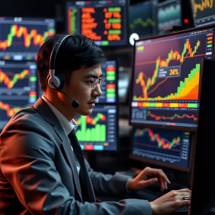 Trader analyzing financial charts on multiple digital screens indicating capital growth potential