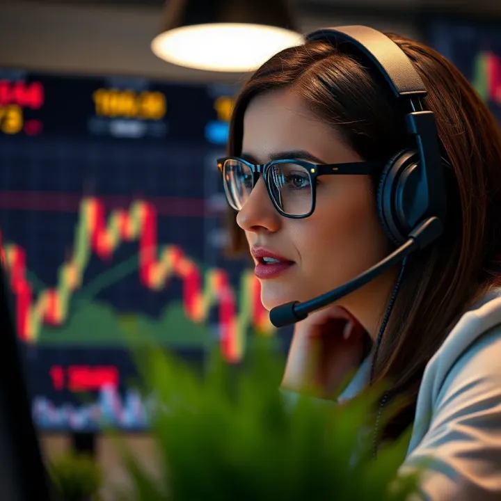 Customer support representative assisting a client through headset with financial graphs in the background