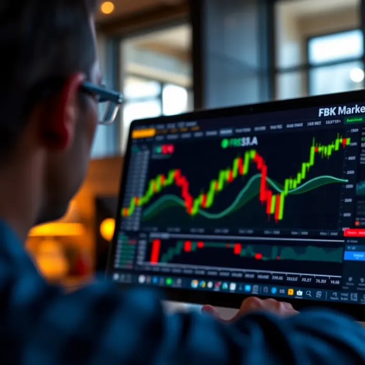 Illustration of FBK Markets demo trading platform interface with charts and trading tools visible