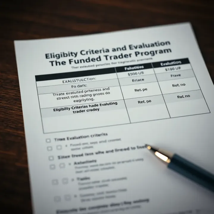 Eligibility Criteria and Evaluation Overview for The Funded Trader Program Checklist illustrating eligibility criteria and evaluation steps for trader funding