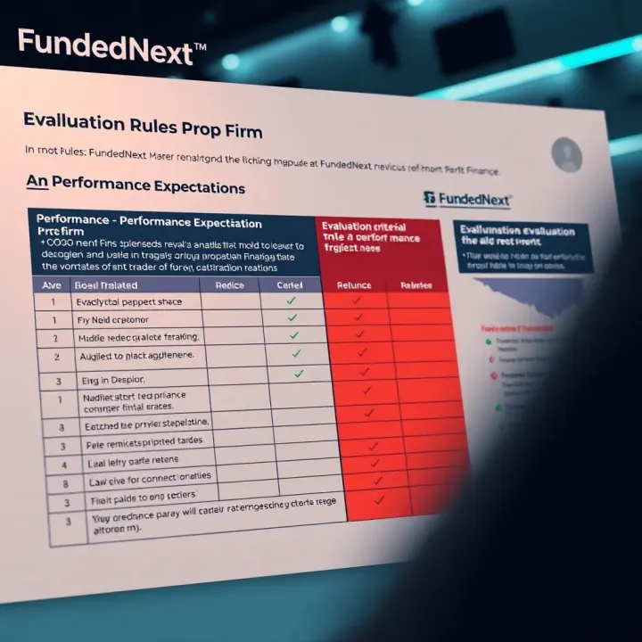 Chart showing evaluation criteria and performance metrics for traders participating in FundedNext prop firm
